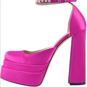 Keleimusi Chunky Heel Platform Square Toe Rhinestone Ankle Strap Satin Pumps